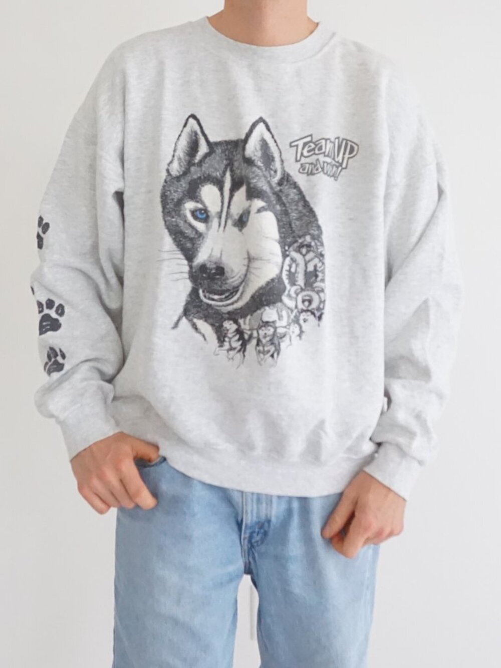 VTG Little Brownie Originals Grey Husky Wolf Face Outdoor Sweatshirt Made USA XL
